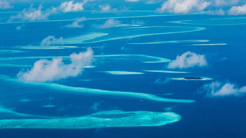 Aerial shot of Maldives atolls