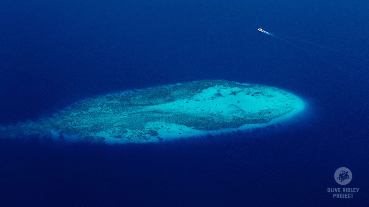 Aerial shot small boat big blue Maldives remote atoll