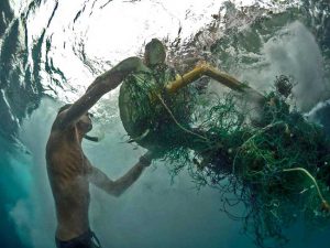 Turtle trapped in ghost net being rescued