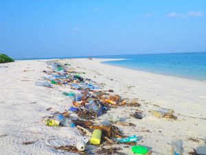 Plastic marine waste on the beach in Ha.Kelaa Island, Maldives