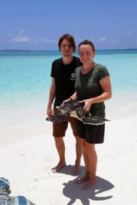 Brian with Dr Claire Lomas and a newly rescued sea turtle who washed up near the island where the Rescue Centre is loacted