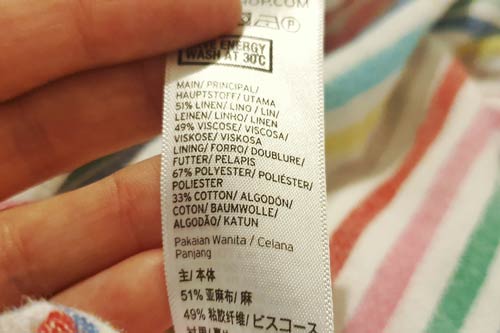 Fabrics containing polyester, nylon, acrylic, or polyamide are made with plastic fibres. Check the label. Photo by Zoe Cox.