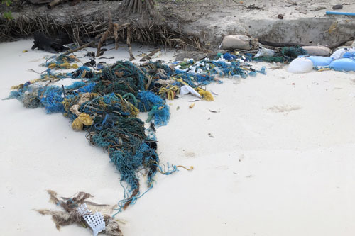 Ghost net on a beach in Maldives.