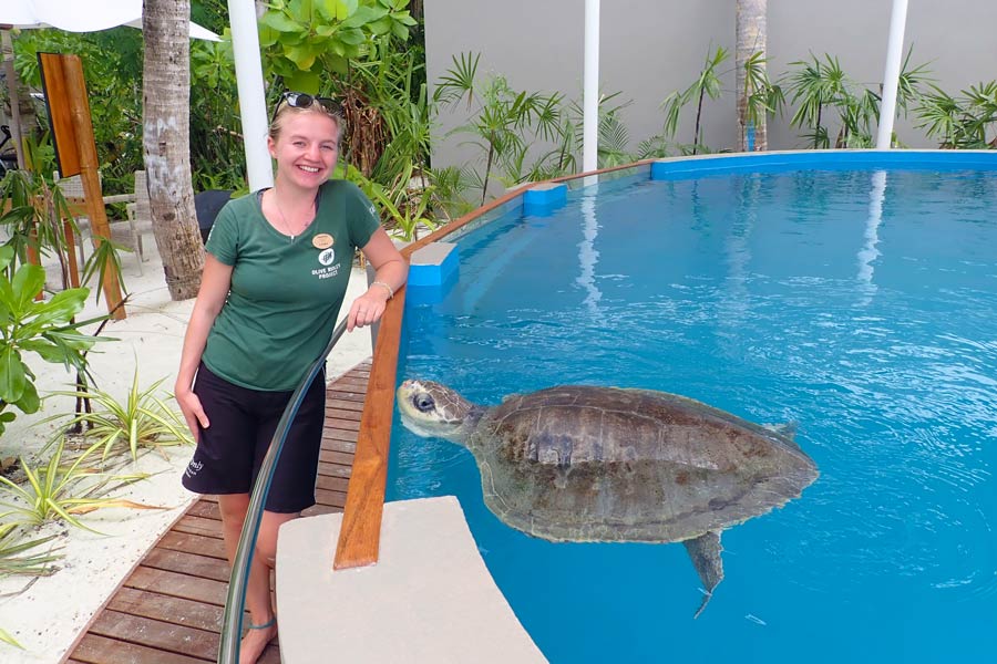 ORP Sea Turtle Biologist Laura with Azura, the first patient at the One & Only Turtle Rehabilitation Centre