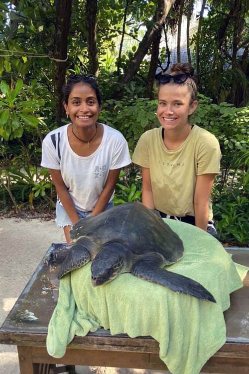 Ghost gear victim olive ridley turtle with his rescuers, Maldives