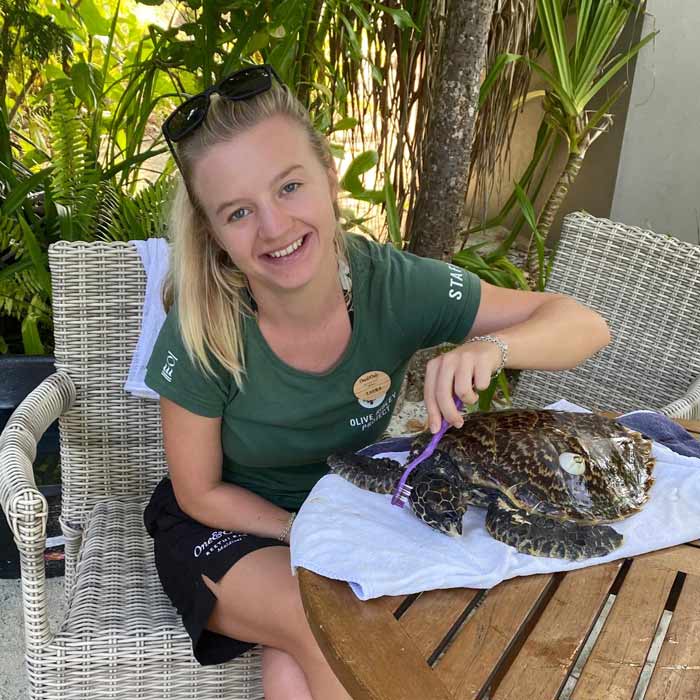 Laura Whiteley with turtle patient Reethi, a juvenile hawksbill turtle, who was successfully rehabilitated and released back into the ocean.