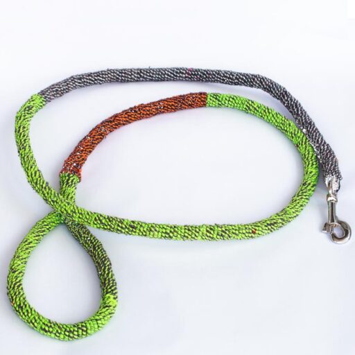 Ghost leasg dog leash made from ghost net in multicoloured. Image.