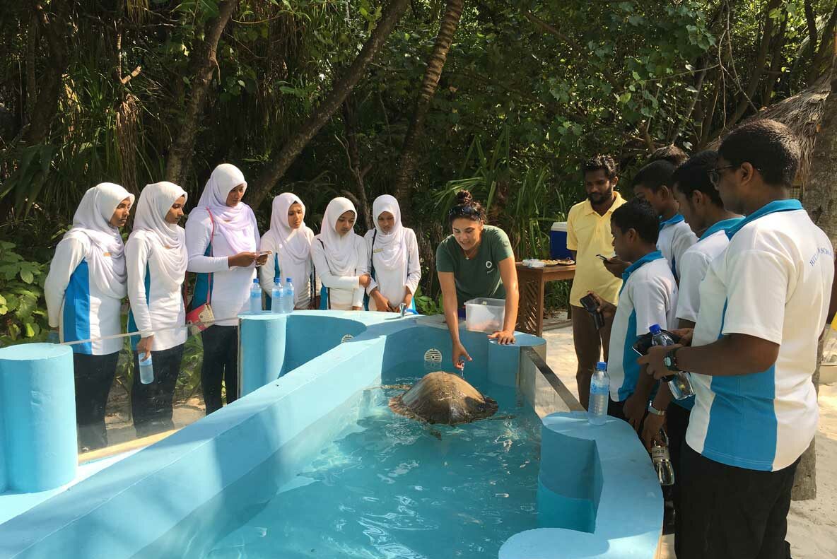 School children visiting the ORP Marine Turtle Rescue Centre Maldives