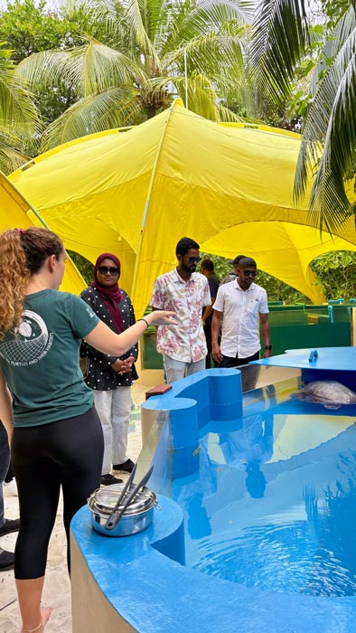 Visitors during a tour of the Rescue Centre next to a turtle tank. Image.